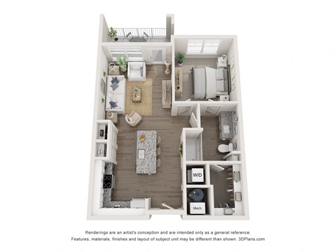 a 3d floor plan of a 1 bedroom apartment